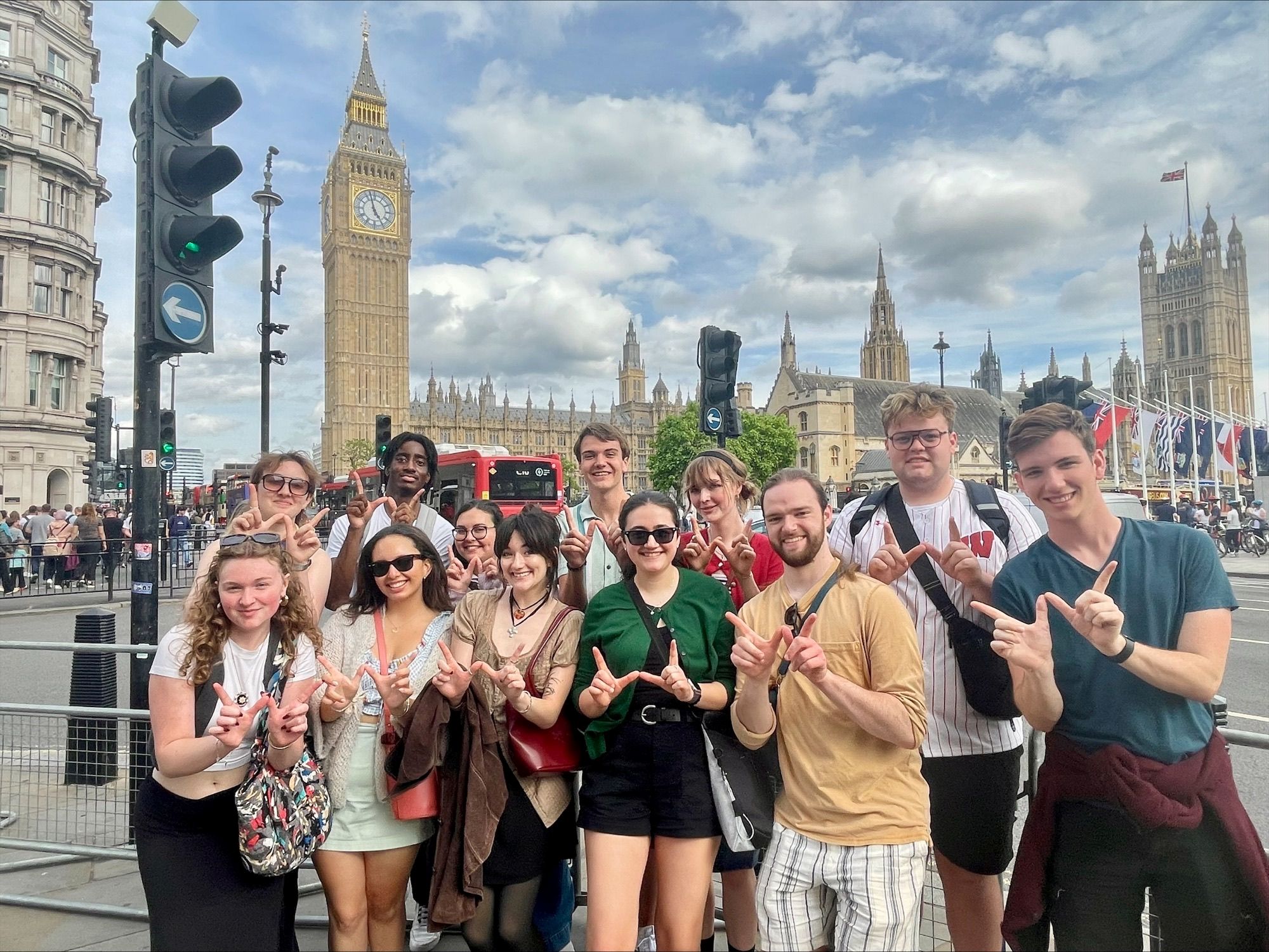 Photo of UW students in London with Big Ben in background.