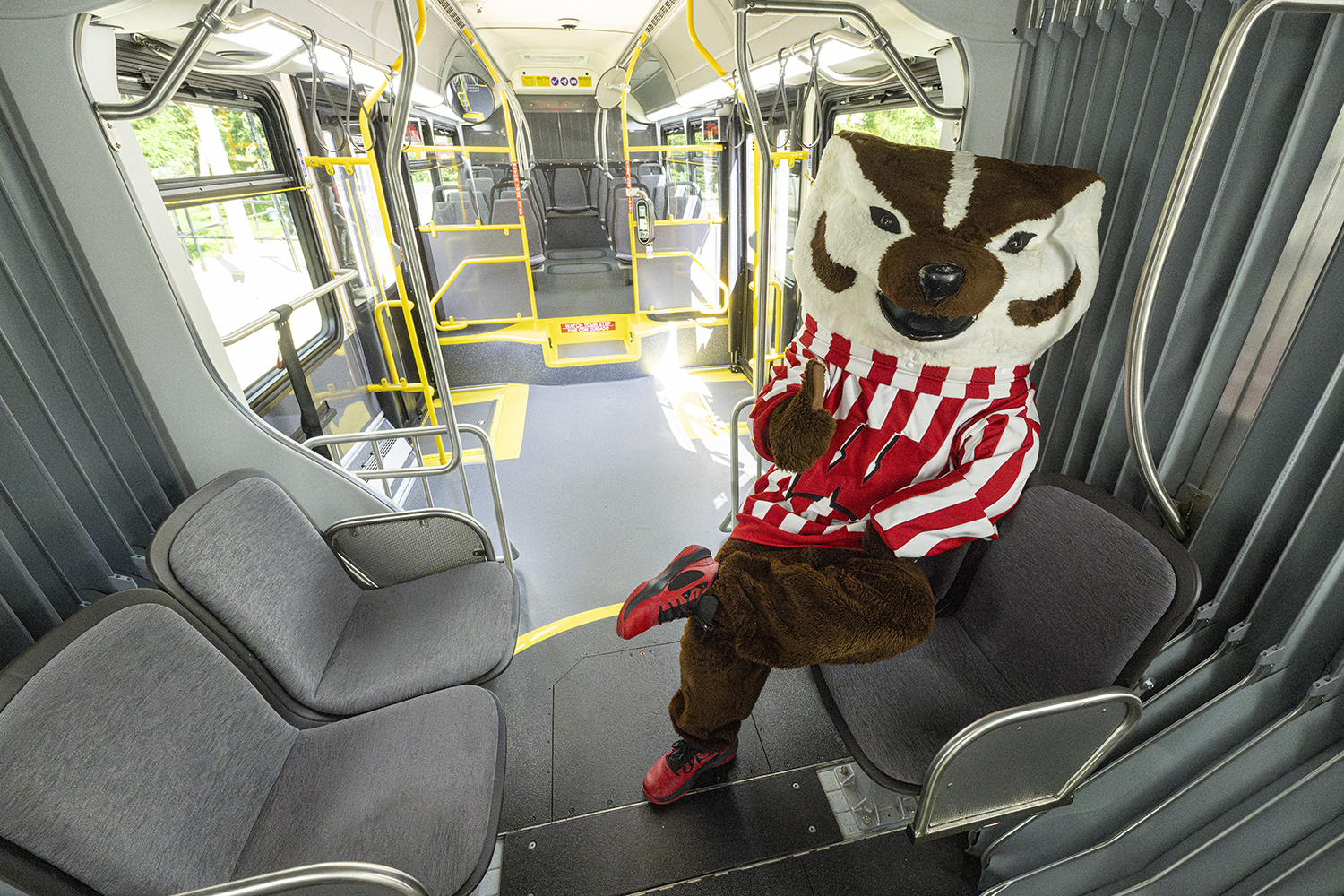 Bucky Badger on a bus