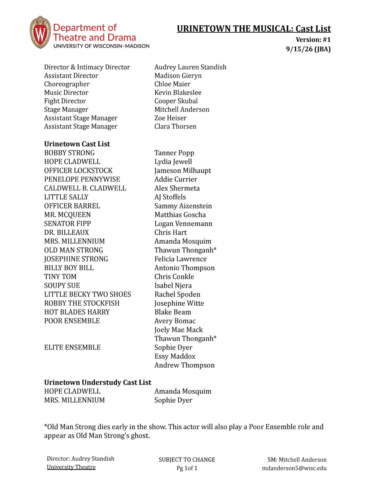 Cast list for Urinetown the musical